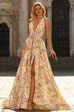 Yellow Pink Flowers A Line Deep V Neck Backless Long Prom Dress with Slit