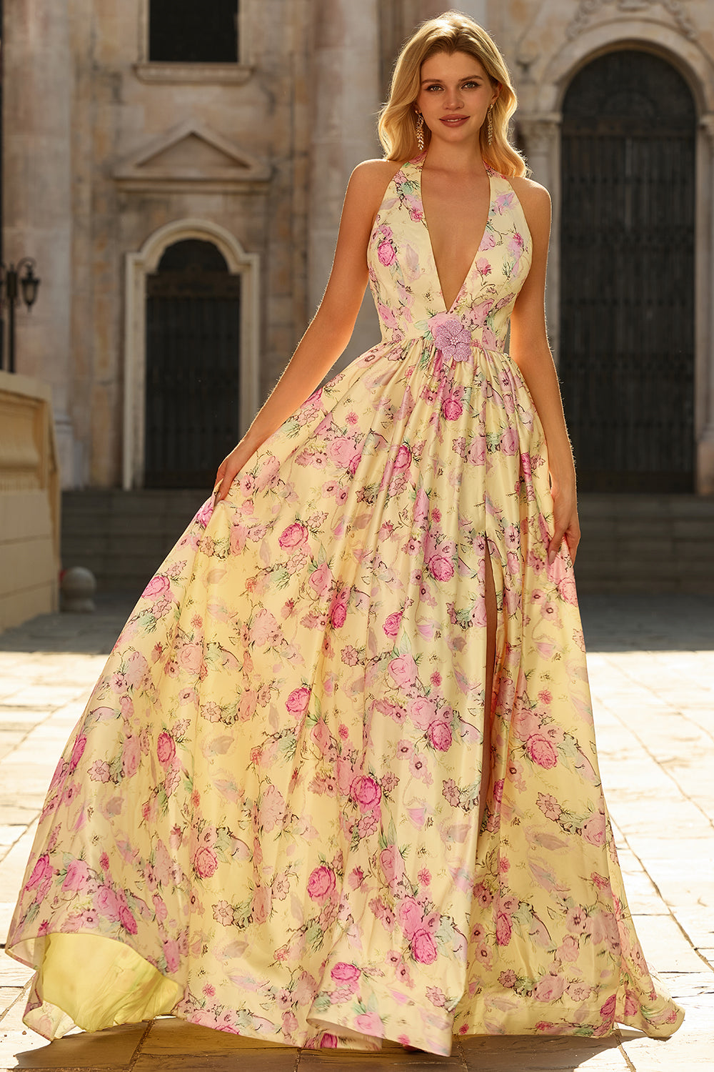 ZAPAKA Women Yellow Pink Flowers Long Prom Dress with Slit A Line Deep V Neck Backless Wedding Guest Dress, Yellow Pink Flower / US2 ZAPAKA Women Yellow Pink Flowers Long Prom Dress with Slit A Line Deep V Neck Backless Wedding Guest Dress, Yellow Pink Flower / US2