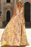 Yellow Pink Flowers A Line Deep V Neck Backless Long Prom Dress with Slit