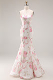 Strapless Mermaid White Pink Flower Printed Long Prom Dress with Lace Up Back