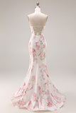 Strapless Mermaid White Pink Flower Printed Long Prom Dress with Lace Up Back
