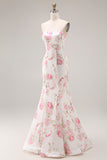 Strapless Mermaid White Pink Flower Printed Long Prom Dress with Lace Up Back