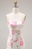 Strapless Mermaid White Pink Flower Printed Long Prom Dress with Lace Up Back