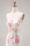 Strapless Mermaid White Pink Flower Printed Long Prom Dress with Lace Up Back