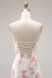 Strapless Mermaid White Pink Flower Printed Long Prom Dress with Lace Up Back