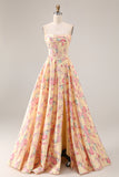 Yellow Pink Flowers Strapless A Line Basque Waist Long Prom Dress with Slit