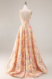 Yellow Pink Flowers Strapless A Line Basque Waist Long Prom Dress with Slit