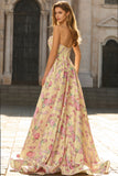 Yellow Pink Floral Deep V Neck A Line Open Back Long Prom Dress with Slit
