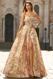 Yellow Pink Flowers A-Line Strapless Corset Backless Long Prom Dress with Slit