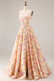 Yellow Pink Flowers Strapless A Line Basque Waist Long Prom Dress with Slit