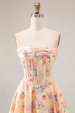 Yellow Pink Flowers Strapless A Line Basque Waist Long Prom Dress with Slit
