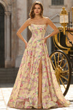 Yellow Pink Flowers Strapless A Line Basque Waist Long Prom Dress with Slit