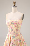 Yellow Pink Flowers Strapless A Line Basque Waist Long Prom Dress with Slit