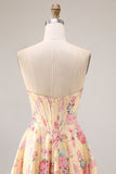 Yellow Pink Flowers Strapless A Line Basque Waist Long Prom Dress with Slit