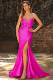Fuchsia Mermaid Cut Out Pleated Satin Bowed Long Prom Dress with Slit