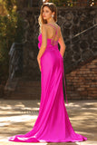 Fuchsia Mermaid Cut Out Satin Pleated Bowed Long Prom Dress with Slit