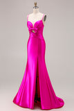 Fuchsia Mermaid Cut Out Satin Pleated Bowed Long Prom Dress with Slit