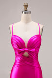 Fuchsia Mermaid Cut Out Satin Pleated Bowed Long Prom Dress with Slit