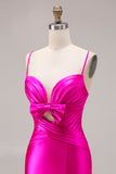 Fuchsia Mermaid Cut Out Satin Pleated Bowed Long Prom Dress with Slit