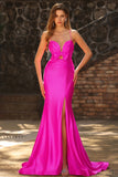 Fuchsia Mermaid Cut Out Satin Pleated Bowed Long Prom Dress with Slit