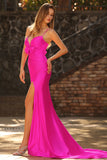 Fuchsia Mermaid Cut Out Pleated Satin Bowed Long Prom Dress with Slit