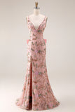 Fitted Beaded Open Back Sequins Long Floral Prom Dress with  Detachable Bow