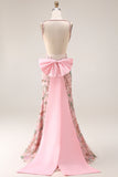 Fitted Beaded Open Back Sequins Long Floral Prom Dress with  Detachable Bow