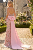 Fitted Beaded Open Back Sequins Long Floral Prom Dress with  Detachable Bow