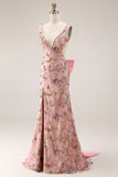 Fitted Beaded Open Back Sequins Long Floral Prom Dress with  Detachable Bow