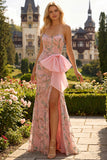 Strapless Sequin Beaded Floral Long Prom Dress with Bow on Hip and a Skirt Slit