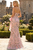 Strapless Sequin Beaded Floral Long Prom Dress with Bow on Hip and a Skirt Slit