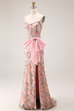 Strapless Sequin Beaded Floral Long Prom Dress with Bow on Hip and a Skirt Slit