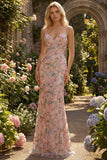 Blush Floral Spaghetti Straps Sheath Beaded Long Prom Dress with Sequins