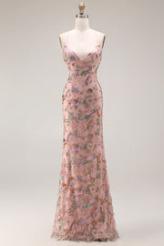 Blush Floral Spaghetti Straps Sheath Beaded Long Prom Dress with Sequins