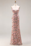 Blush Floral Spaghetti Straps Sheath Beaded Long Prom Dress with Sequins