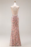 Blush Floral Spaghetti Straps Sheath Beaded Long Prom Dress with Sequins