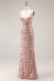 Blush Floral Spaghetti Straps Sheath Beaded Long Prom Dress with Sequins