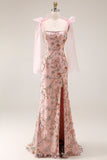 Fitted Beaded Sequin Floral Long Prom Dress with Bows On Shoulders