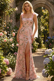 Fitted Beaded Sequin Floral Long Prom Dress with Bows On Shoulders