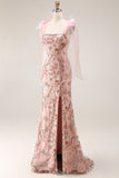 Fitted Beaded Sequin Floral Long Prom Dress with Bows On Shoulders