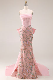 Sparkly Pink Appliqued Basque Waist Mermaid Long Prom Dress with Bowknot