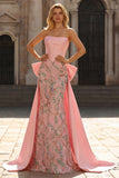 Sparkly Pink Appliqued Basque Waist Mermaid Long Prom Dress with Bowknot