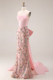 Sparkly Pink Appliqued Basque Waist Mermaid Long Prom Dress with Bowknot