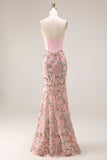 Sparkly Pink Appliqued Basque Waist Mermaid Long Prom Dress with Bowknot