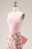 Sparkly Pink Appliqued Basque Waist Mermaid Long Prom Dress with Bowknot