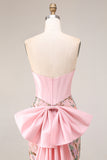 Sparkly Pink Appliqued Basque Waist Mermaid Long Prom Dress with Bowknot