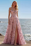 Blush Floral Off The Shoulder A Line Long Prom Dress with Slit