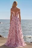 Blush Floral Off The Shoulder A Line Long Prom Dress with Slit