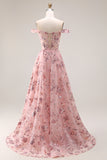 Blush Floral Off The Shoulder A Line Long Prom Dress with Slit