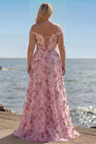 Off The Shoulder Blush Floral A Line Plus Size Long Prom Dress with Slit